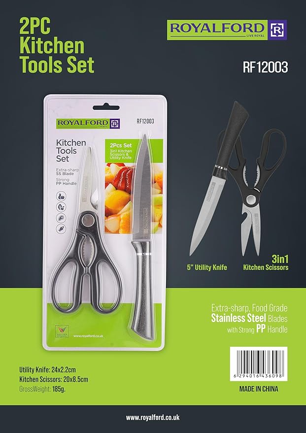 Royalford 2pcs Kitchen Tool Set, 3-in-1 Kitchen Scissors & 5" Utility Knife, Extra Sharp SS Blade with Strong PP Handle