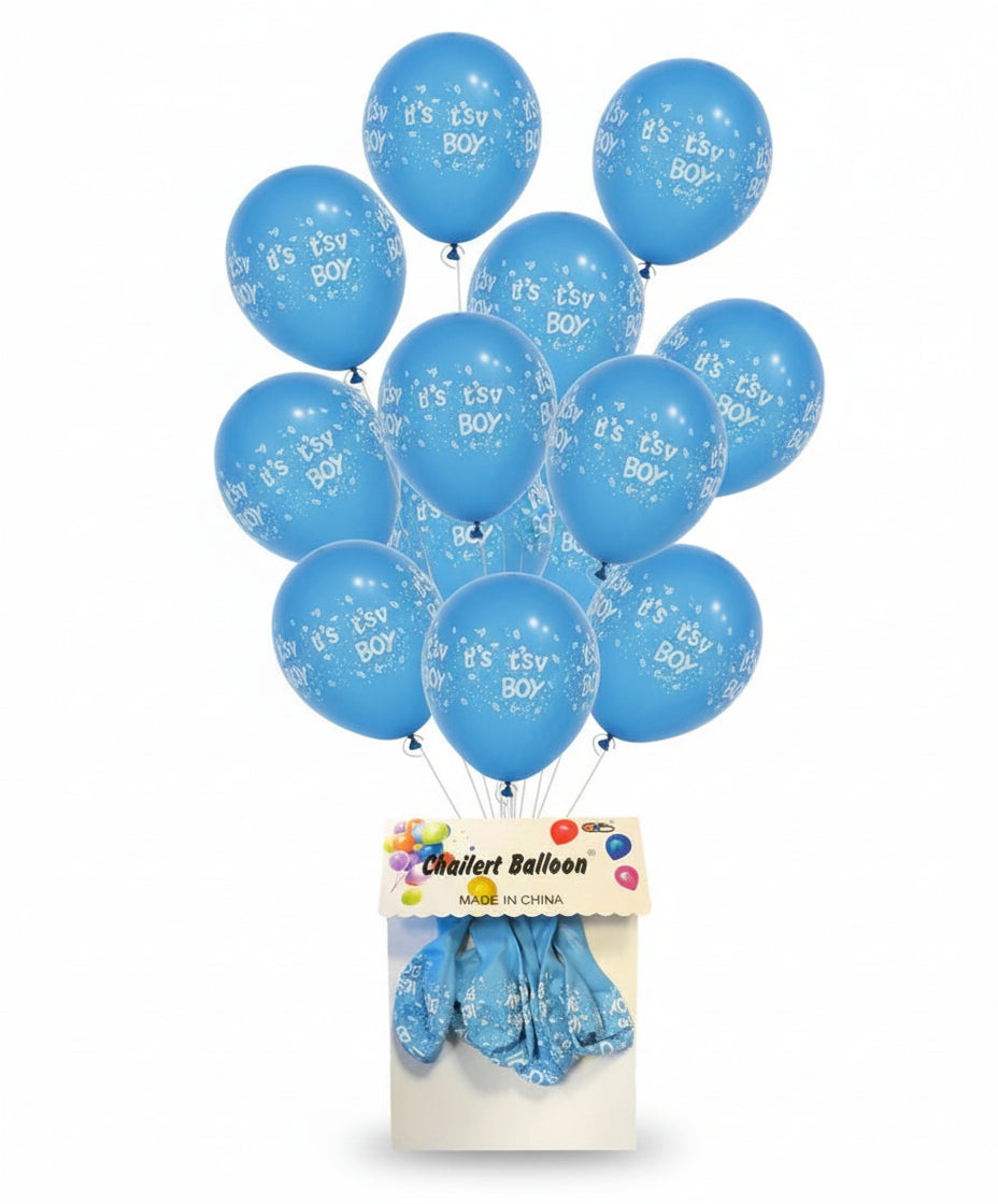 Pack of blue balloons with 'Chailert Balloon' branding on a beige background