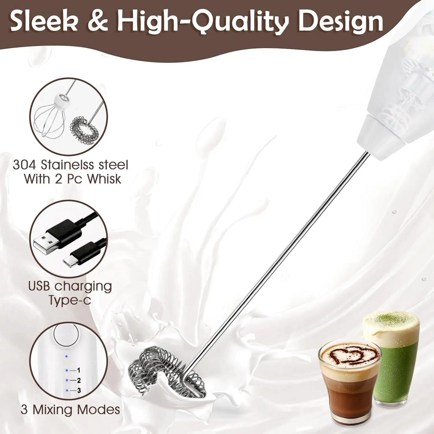 Electric Milk Frother 2 In 1 Rechargeable  Blender Stainless Steel 3 Speeds Coffee Mixer Egg Beater Handheld Foam Maker Tools
