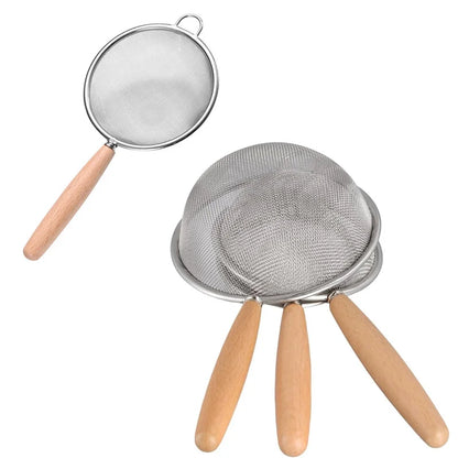 1-3pcs Stainless Steel Strainer Sieve With Wooden Handle Juice Egg Fine Mesh Filter Colanders Kitchen Food Residue Filtering