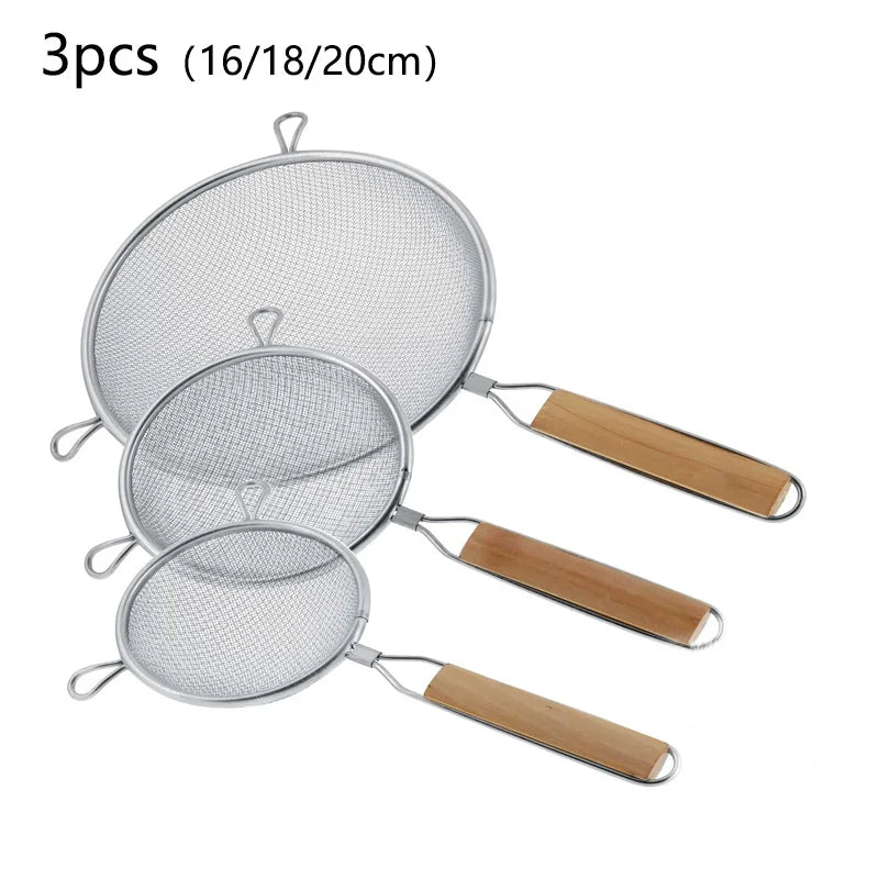 1-3pcs Stainless Steel Strainer Sieve With Wooden Handle Juice Egg Fine Mesh Filter Colanders Kitchen Food Residue Filtering