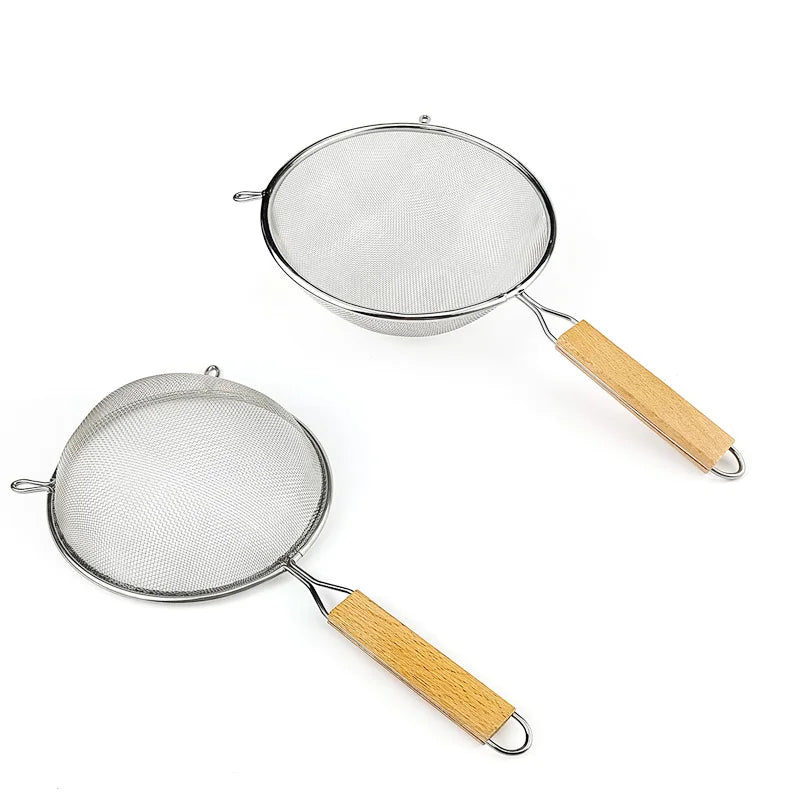 1-3pcs Stainless Steel Strainer Sieve With Wooden Handle Juice Egg Fine Mesh Filter Colanders Kitchen Food Residue Filtering