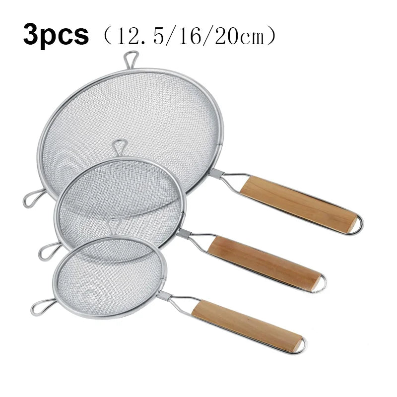 1-3pcs Stainless Steel Strainer Sieve With Wooden Handle Juice Egg Fine Mesh Filter Colanders Kitchen Food Residue Filtering