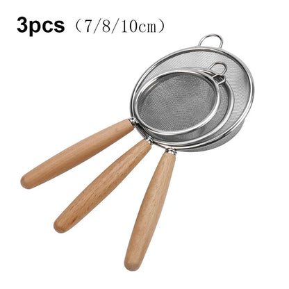 1-3pcs Stainless Steel Strainer Sieve With Wooden Handle Juice Egg Fine Mesh Filter Colanders Kitchen Food Residue Filtering