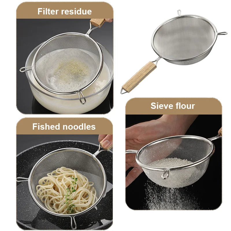 1-3pcs Stainless Steel Strainer Sieve With Wooden Handle Juice Egg Fine Mesh Filter Colanders Kitchen Food Residue Filtering