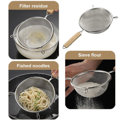 1-3pcs Stainless Steel Strainer Sieve With Wooden Handle Juice Egg Fine Mesh Filter Colanders Kitchen Food Residue Filtering