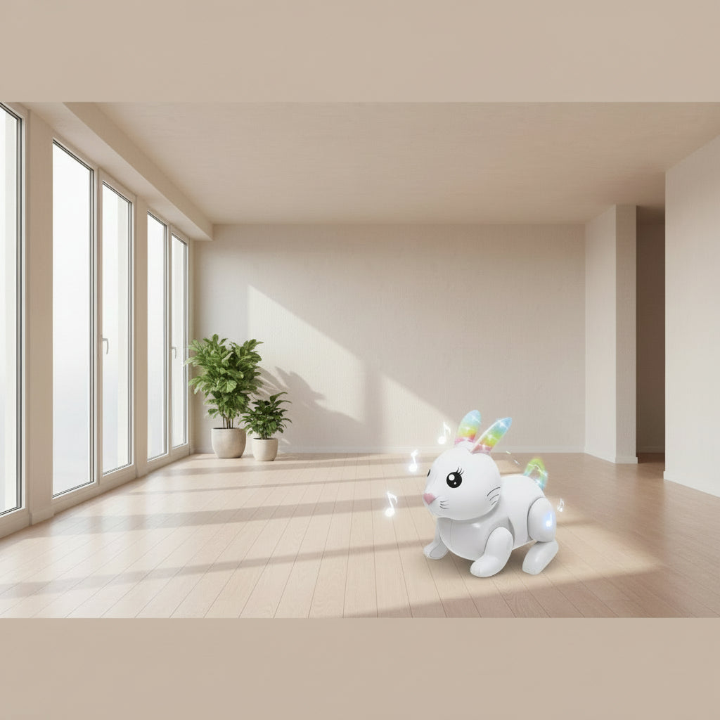 Box packaging of a rabbit-shaped toy with music and light features.