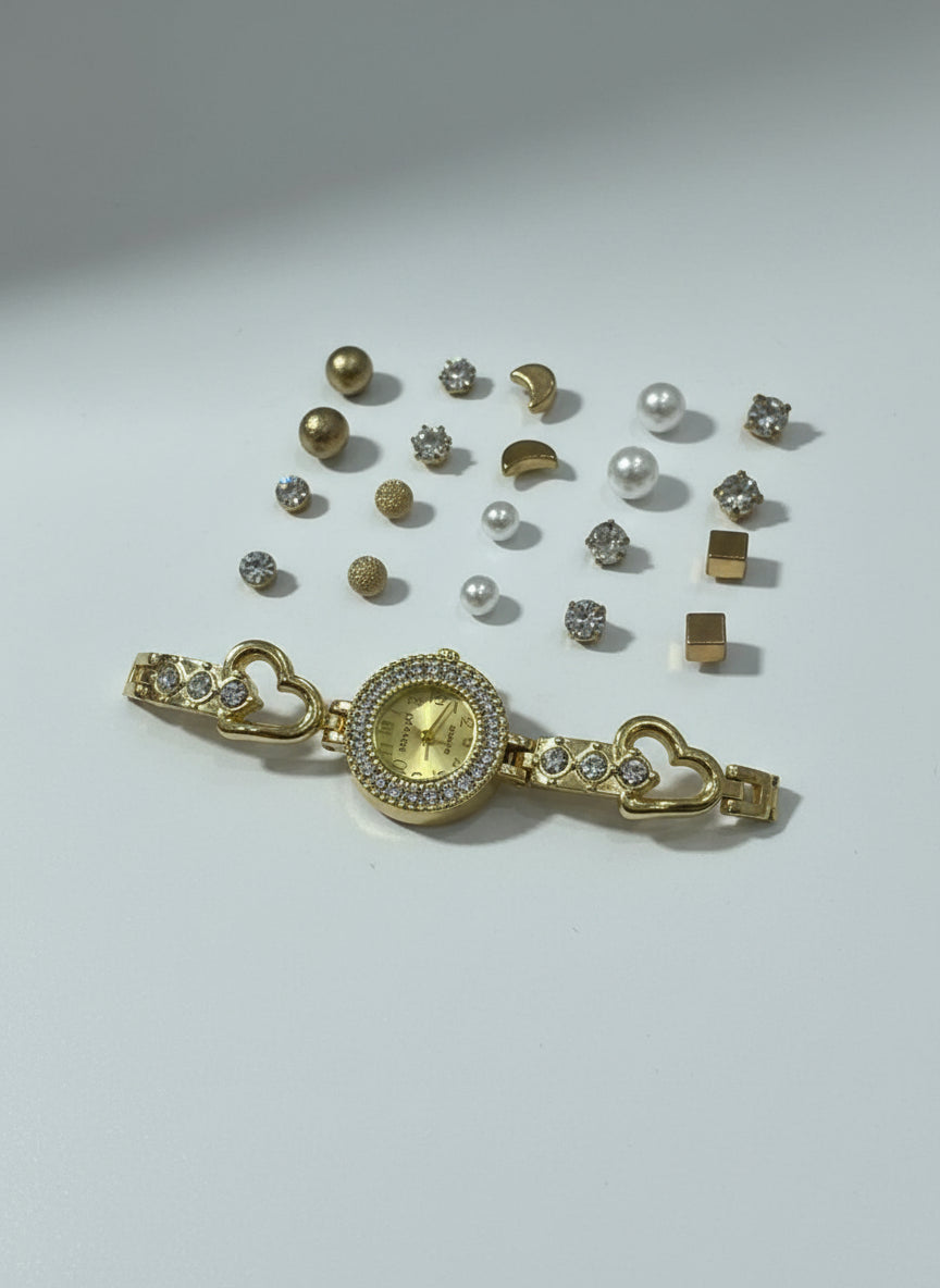 Q-H women's gold-tone analog watch and earring gift set